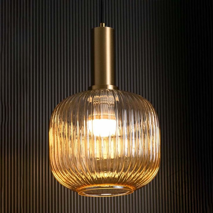 Nordic Ribbed Glass Pendant Light – Modern Gold Hanging Lamp for Kitchen, Bedroom & Living Room