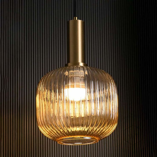 Nordic Ribbed Glass Pendant Light – Modern Gold Hanging Lamp for Kitchen, Bedroom & Living Room
