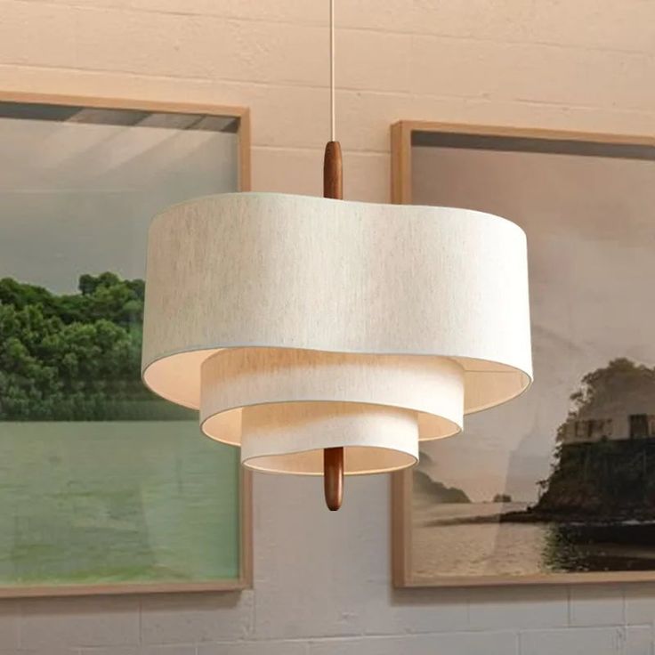 Wave Ladder Pendant Lamp – Corrugated Fabric Shade with Solid Wood Detail & Adjustable Textile Cord