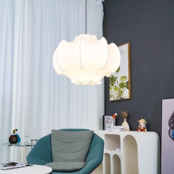 Modern Fabric Lantern Pendant Light – White Silk Hanging Lamp for Dining Room, Kitchen Island & Bedroom 60 C.M