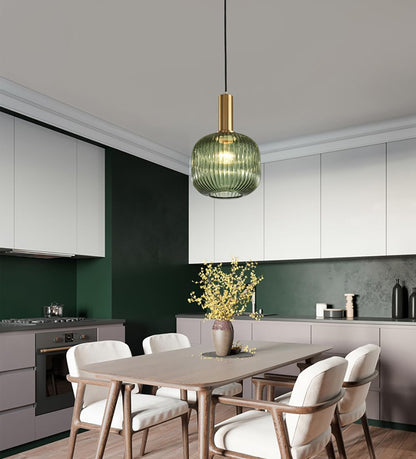 Mid-Century Modern Gold Pendant Light | Striped Glass Lantern Chandelier