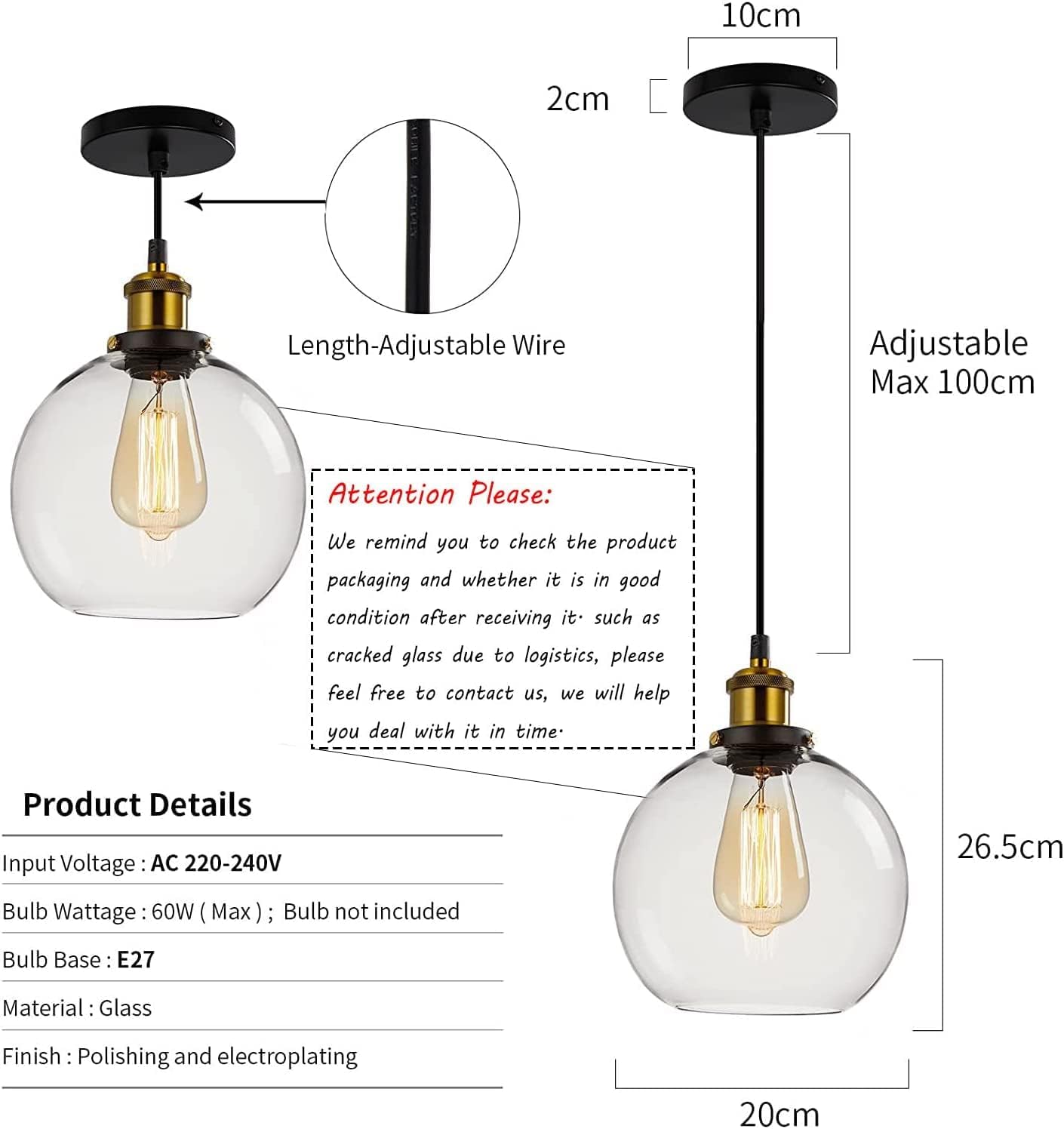 Vintage Glass Pendant Light Industrial Ceiling Light with Clear Glass Shade 20 C.M