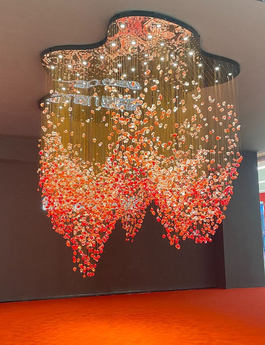 Customizable Modern Crystal Chandelier with Red Stone & Acrylic Cover – Large 2m Statement Pendant Light for Hotels, Lobbies & Banquet Halls
