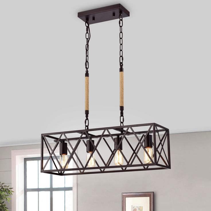 4-Light Farmhouse Black Kitchen Island Pendant Light – Adjustable Industrial Rectangular Chandelier for Dining Room & Bar
