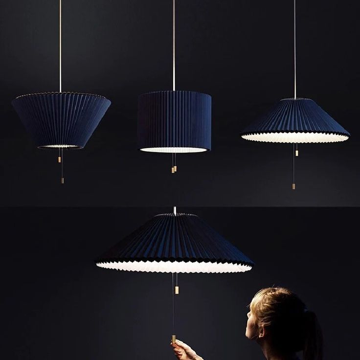Modern Deformable Pleated Pendant Light – Wire Pull To Adjustable Telescopic Hanging Lamp, Dark Blue, 40 cm