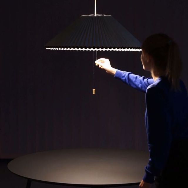 Modern Deformable Pleated Pendant Light – Wire Pull To Adjustable Telescopic Hanging Lamp, Dark Blue, 40 cm