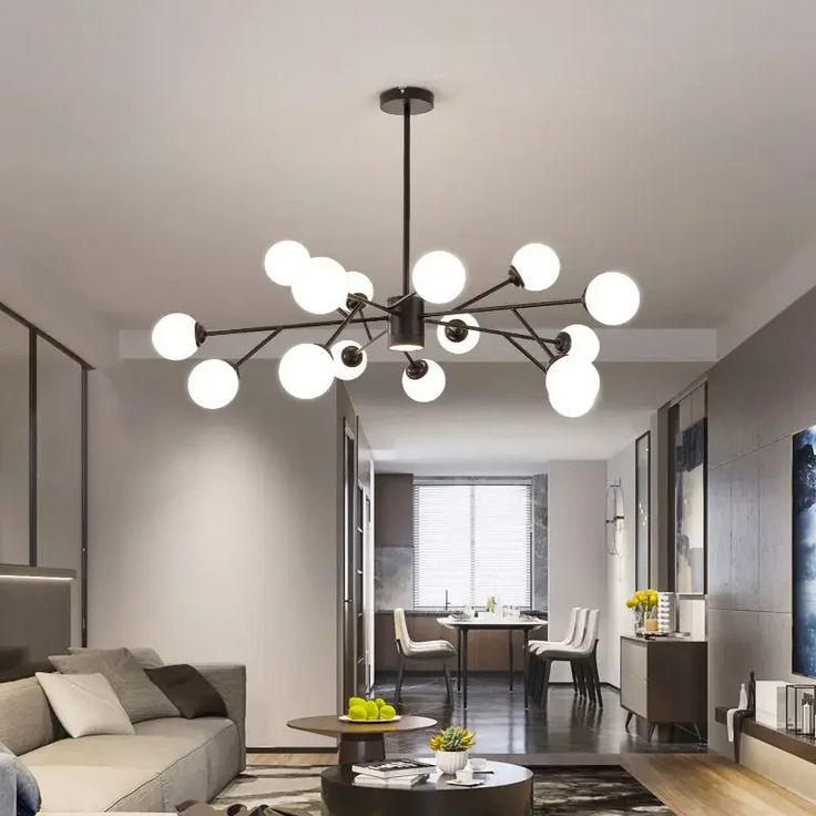 12-Light Modern Mid-Century Glass Globe Chandelier – Adjustable Height & Dimmable Ceiling Fixture