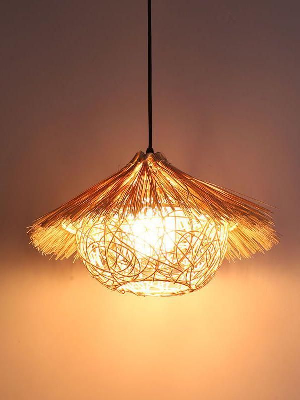 Round Cone Straw Hat Shape Rattan Pendant Light for Kitchen Island