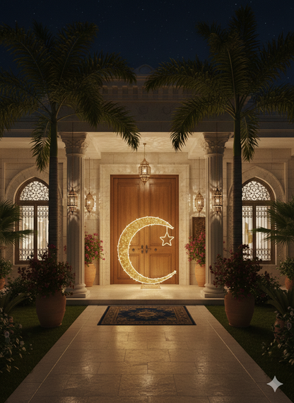 Luxury LED Crescent Moon & Star Motif – Premium Stainless Steel Ramadan & Eid Light Sculpture