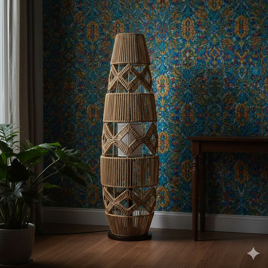 Rattan Floor Lamp – Handmade Hemp Rope Chinese Retro Standing Lamp for Living Room & Bedroom