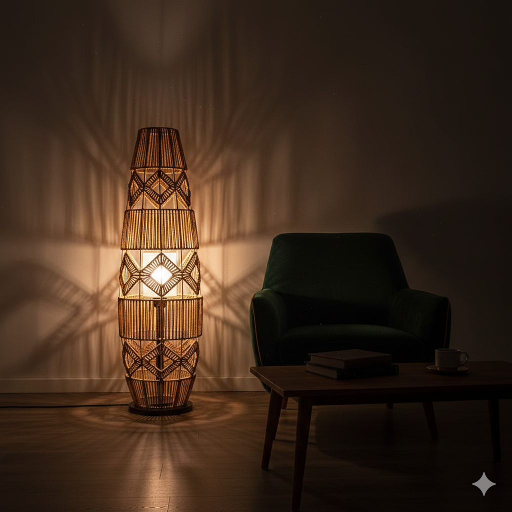 Rattan Floor Lamp – Handmade Hemp Rope Chinese Retro Standing Lamp for Living Room & Bedroom