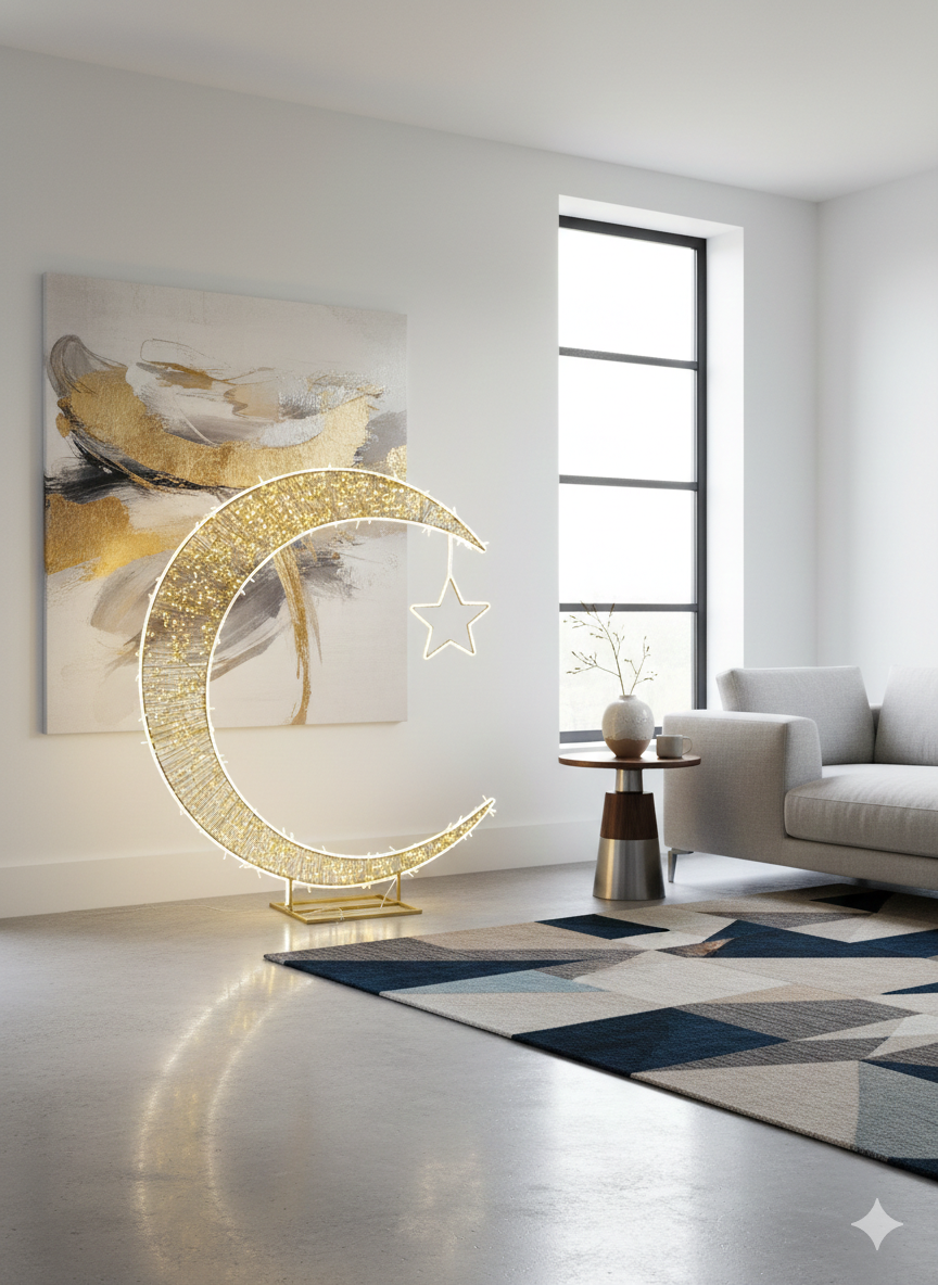Luxury LED Crescent Moon & Star Motif – Premium Stainless Steel Ramadan & Eid Light Sculpture