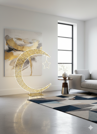 Luxury LED Crescent Moon & Star Motif – Premium Stainless Steel Ramadan & Eid Light Sculpture