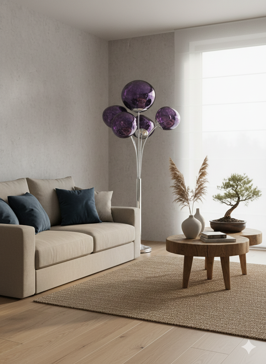 Modern 5 Globe Floor Lamp with Purple Glass Shades – Luxury Standing Lamp for Living Room & Bedroom