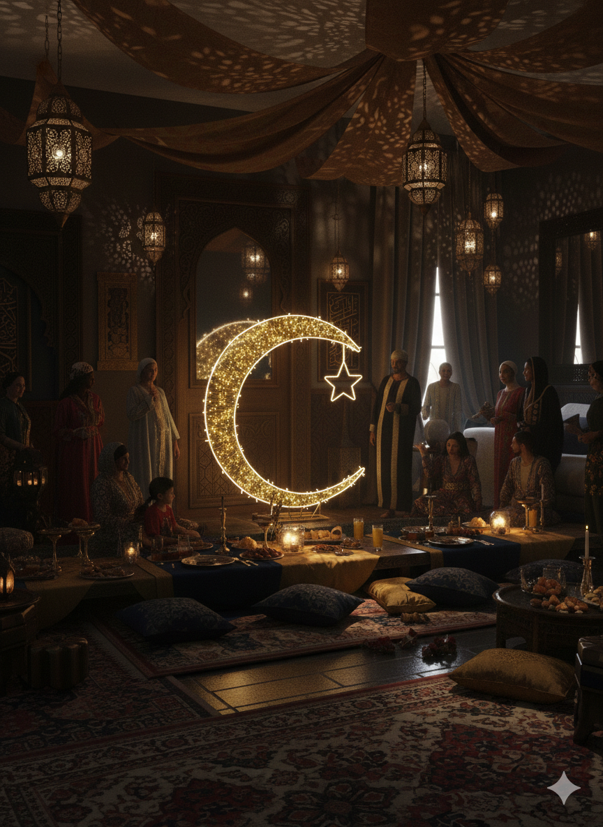 Luxury LED Crescent Moon & Star Motif – Premium Stainless Steel Ramadan & Eid Light Sculpture