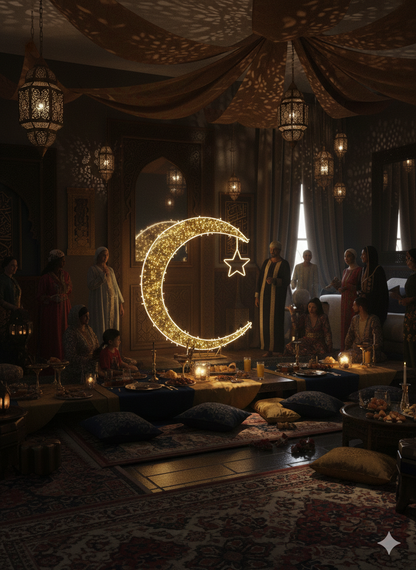 Luxury LED Crescent Moon & Star Motif – Premium Stainless Steel Ramadan & Eid Light Sculpture