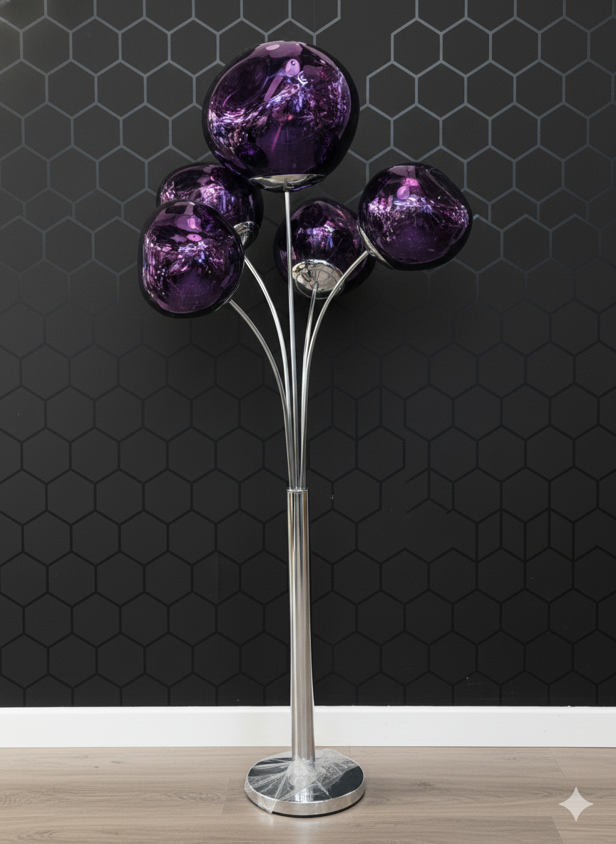 Modern 5 Globe Floor Lamp with Purple Glass Shades – Luxury Standing Lamp for Living Room & Bedroom