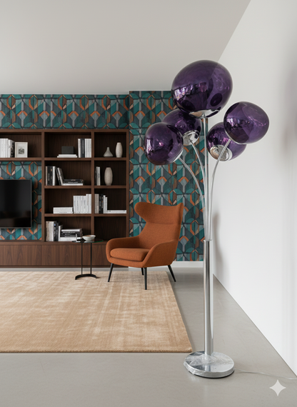 Modern 5 Globe Floor Lamp with Purple Glass Shades – Luxury Standing Lamp for Living Room & Bedroom