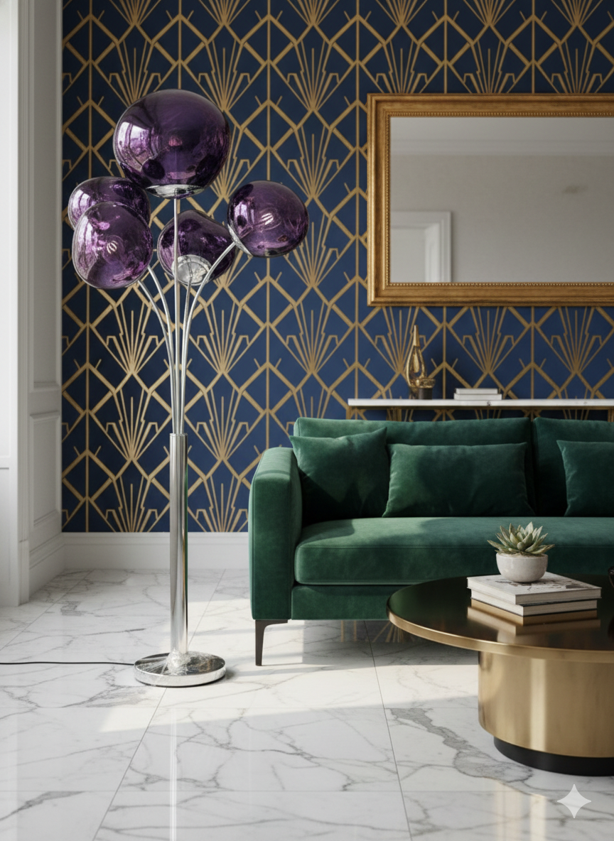 Modern 5 Globe Floor Lamp with Purple Glass Shades – Luxury Standing Lamp for Living Room & Bedroom