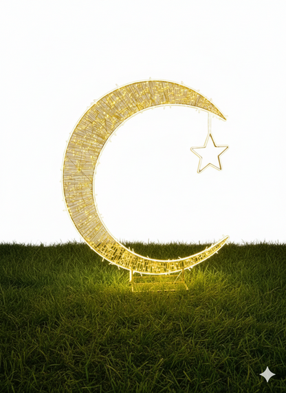 Luxury LED Crescent Moon & Star Motif – Premium Stainless Steel Ramadan & Eid Light Sculpture