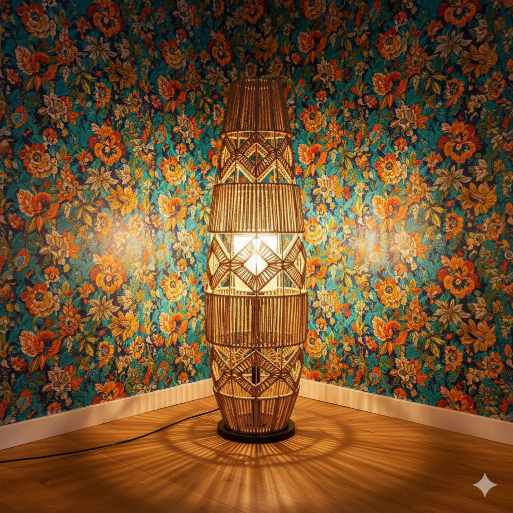 Rattan Floor Lamp – Handmade Hemp Rope Chinese Retro Standing Lamp for Living Room & Bedroom