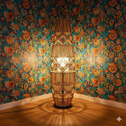 Rattan Floor Lamp – Handmade Hemp Rope Chinese Retro Standing Lamp for Living Room & Bedroom