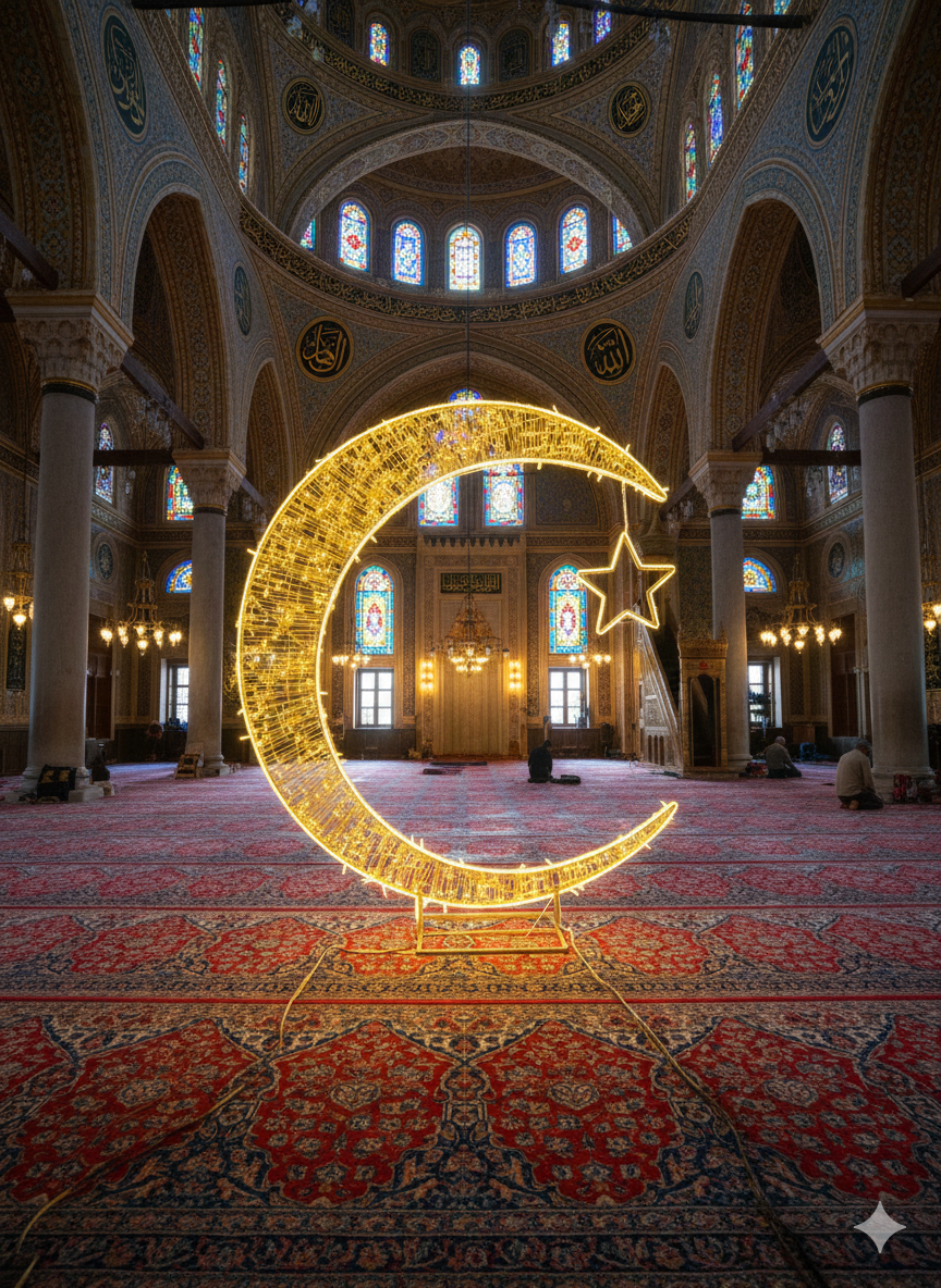 Luxury LED Crescent Moon & Star Motif – Premium Stainless Steel Ramadan & Eid Light Sculpture