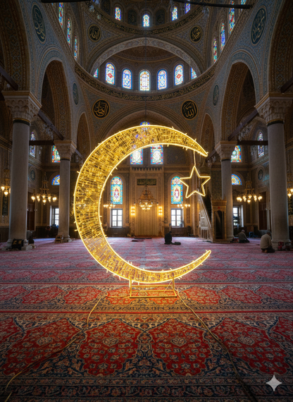 Luxury LED Crescent Moon & Star Motif – Premium Stainless Steel Ramadan & Eid Light Sculpture