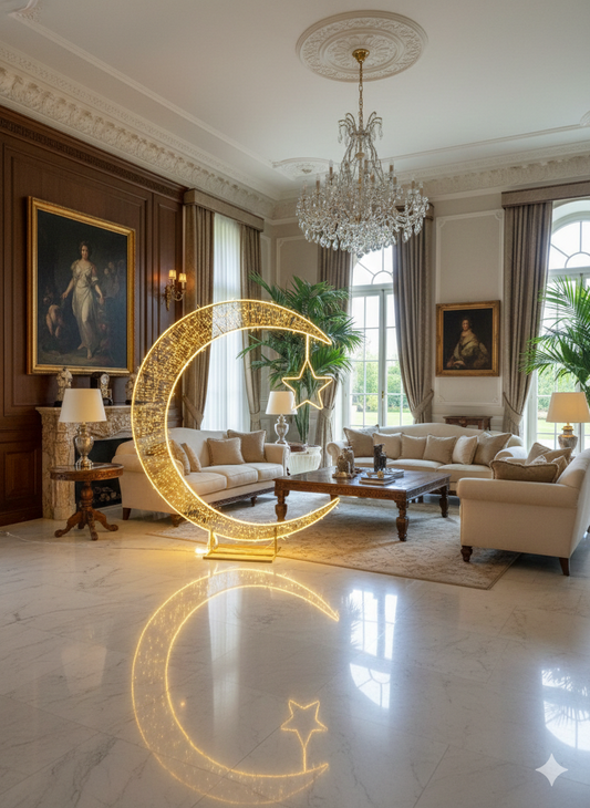 Luxury LED Crescent Moon & Star Motif β Premium Stainless Steel Ramadan & Eid Light Sculpture