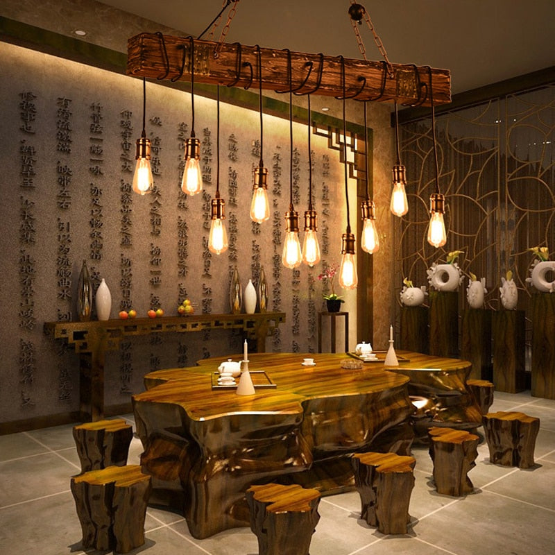 Farmhouse 10-Light Wooden Chandelier – Rustic Industrial Pendant for Kitchen & Dining