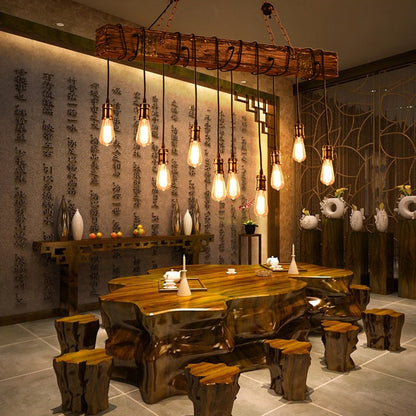 Farmhouse 10-Light Wooden Chandelier – Rustic Industrial Pendant for Kitchen & Dining