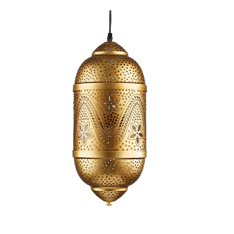 Arabic Cylinder Pendant Light – Moroccan Hollow Carved Metal Lamp for Living Room, Restaurant & Café