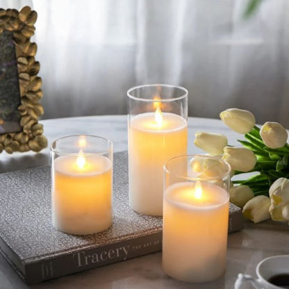 Set of 3 White Flameless LED Candles in Glass Holders