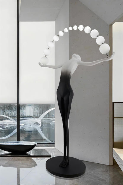 Modern Sculptural Human LED Floor Lamp with Marble Base & 3‑Color Dimming (Artistic Ball‑Holding Design)