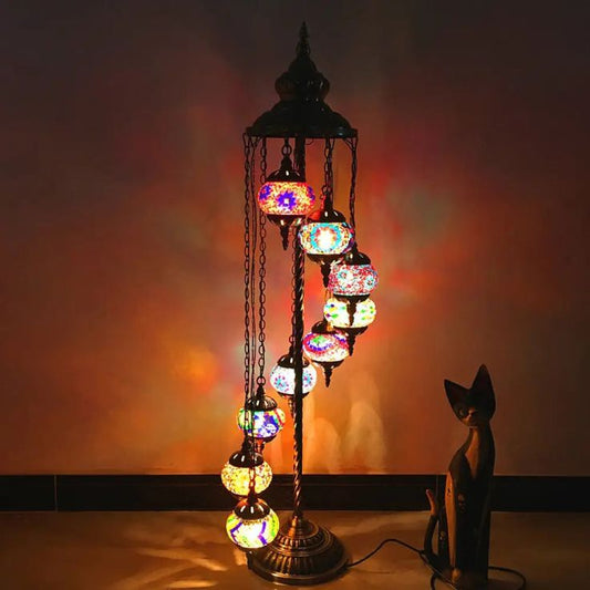 9-Globe Turkish Moroccan Mosaic Floor Lamp – Handmade Bohemian Tiffany Style