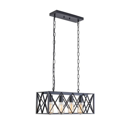 4-Light Farmhouse Black Kitchen Island Pendant Light – Adjustable Industrial Rectangular Chandelier for Dining Room & Bar
