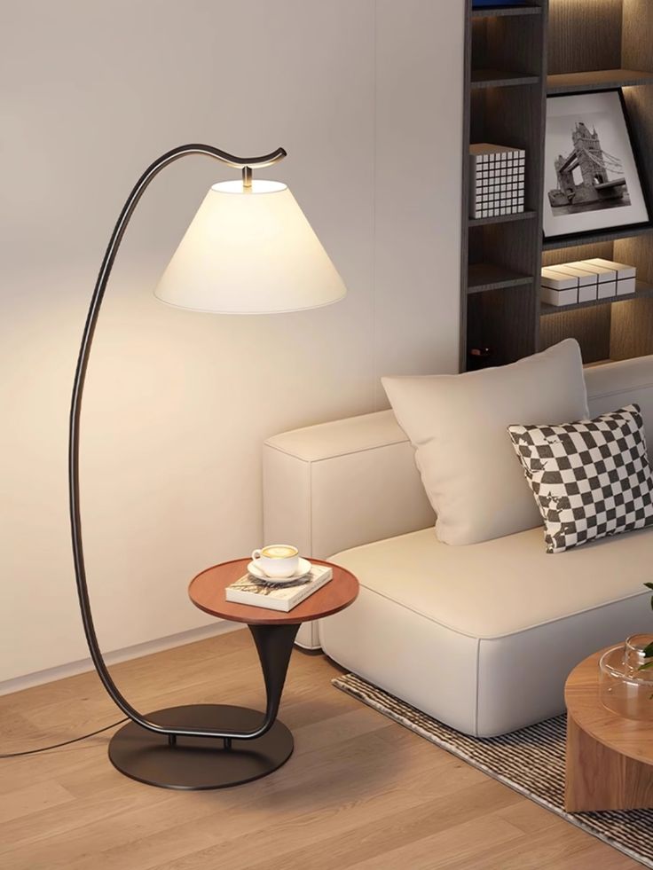 Modern Floor Lamp with Built-In Side Table -Space-Saving Bedside & Reading Lamp (Black)
