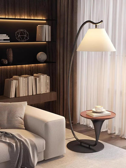 Modern Floor Lamp with Built-In Side Table -Space-Saving Bedside & Reading Lamp (Black)